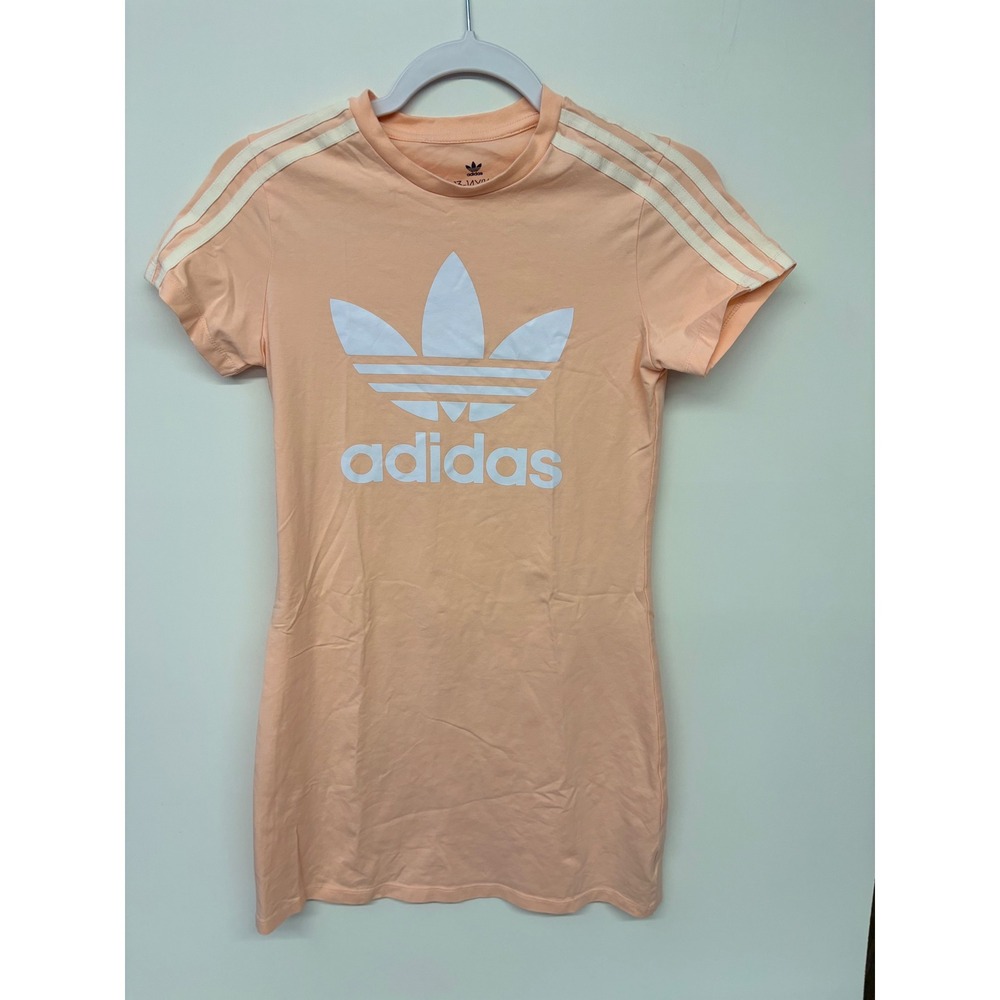 Adidas Sporty T-Shirt Dress 13-14Y Peach 3-Stripe Trefoil Logo Retro Streetwear